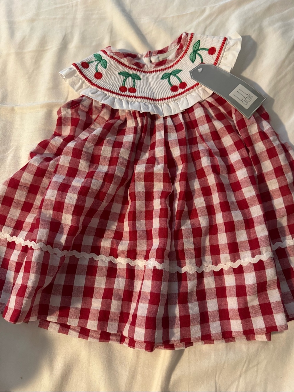 Little English Red Gingham Cherry Smocked Kids Dress